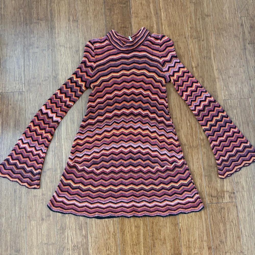 Free People Sweater Midi Mini Dress Long Sleeve Warm Red Orange White Medium